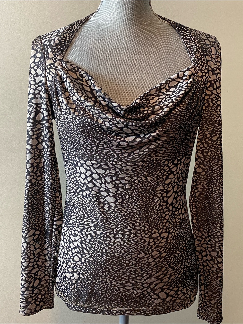 Women's Long-Sleeve Cowl Neck Top - Black and Cream Animal Print